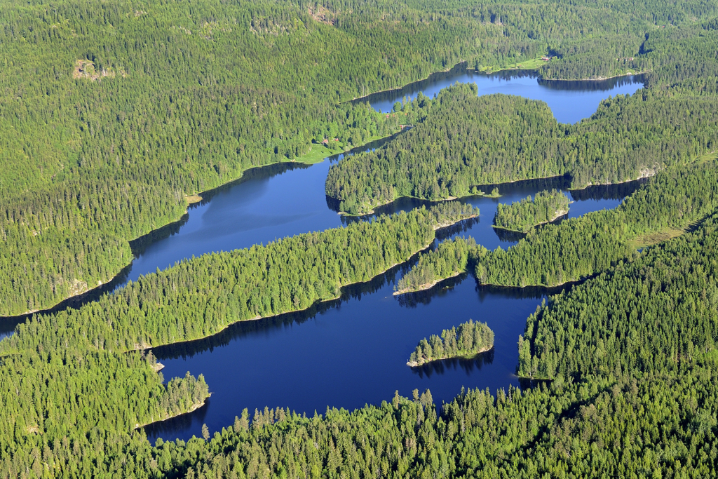 Flyfoto av innsjøer i skoglandskap.
